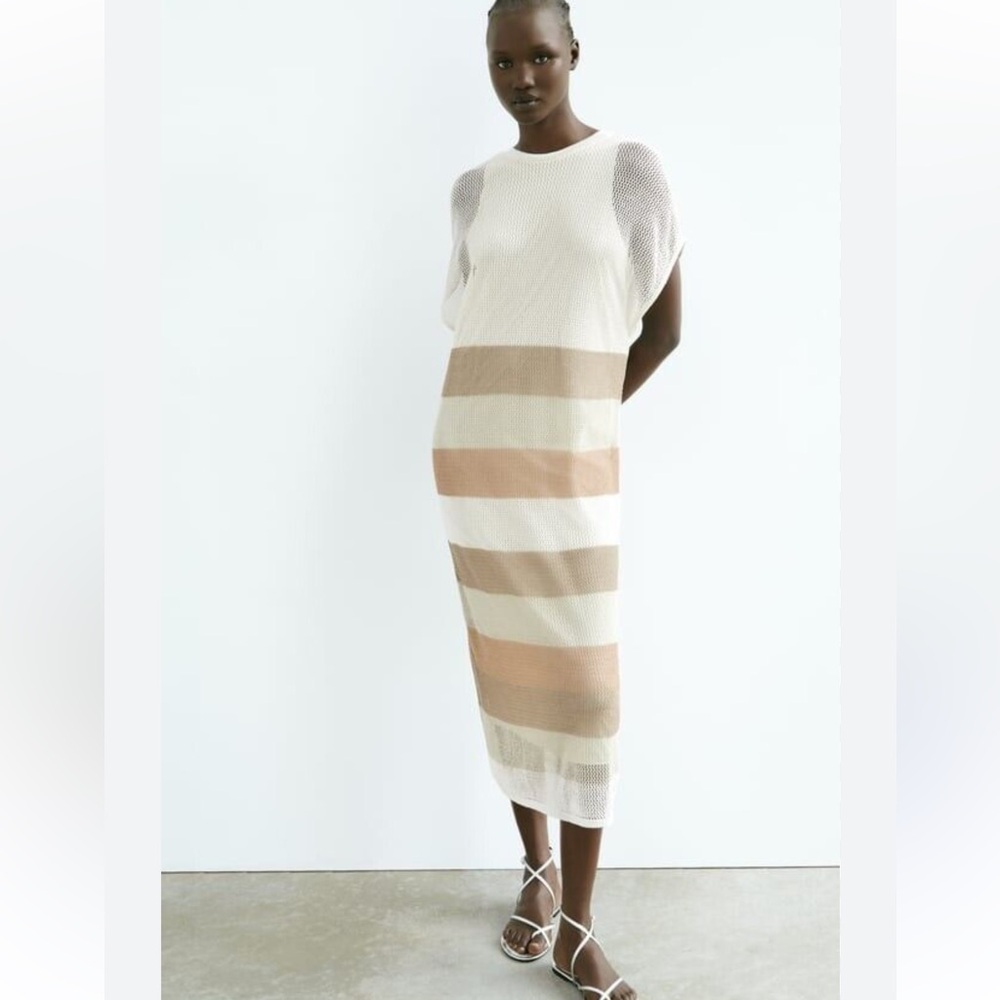 ZARA Womens Stripped Knit Mesh Dress Tunic Tie Back - SMALL